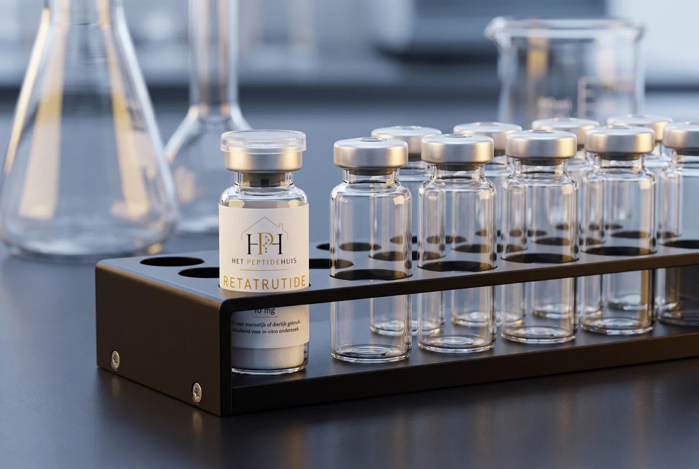 Rek met verzegelde vials in een laboratoriumomgeving